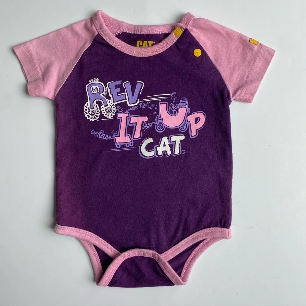 CAT Apparel Caterpillar One Piece Size 6 Months Pink Purple Snap Shirt Romper.